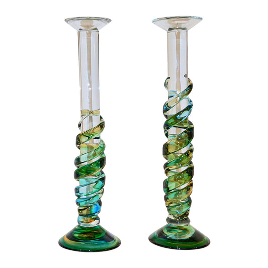 Cenedese 1970s Vintage Italian Yellow Green Aqua Blue Murano Glass Candlesticks - Cosulich Interiors & Antiques
