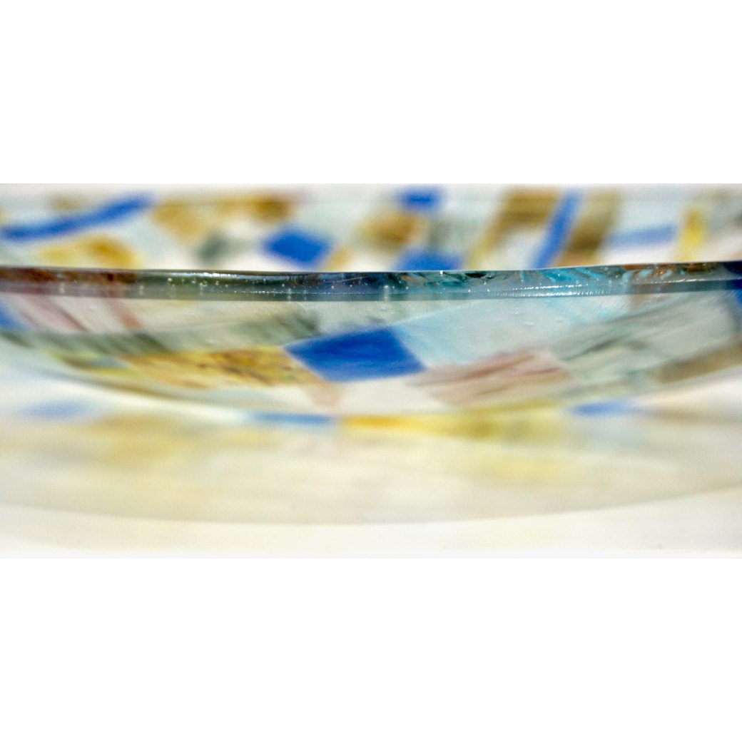 Contemporary Italian Blue Pink Yellow Copper Murano Art Glass Mosaic Centerpiece - Cosulich Interiors & Antiques