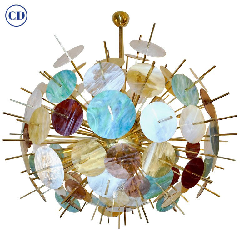 Contemporary Italian Brass Pastel Colored Murano Glass Oval Sputnik Chandelier