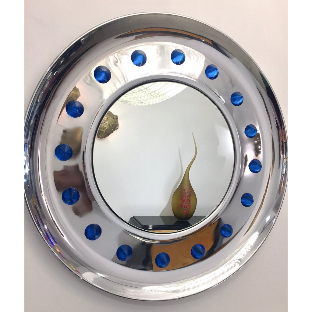 Contemporary Italian Modern Chromed Round Mirror with Jewel Like Blue Glass Spikes - Cosulich Interiors & Antiques