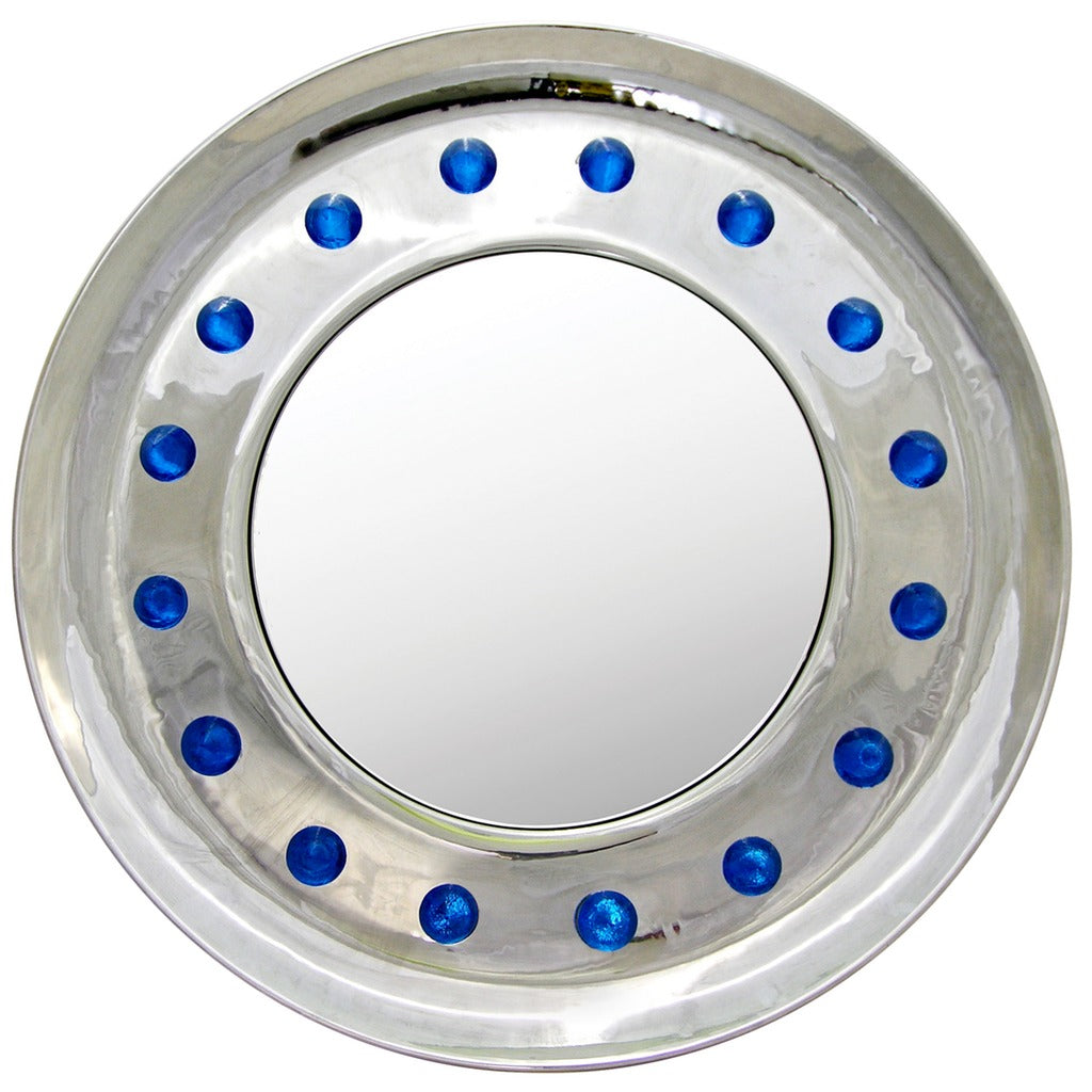 Italian Pair of Modern Chromed Round Mirrors with Jewel Like Glass