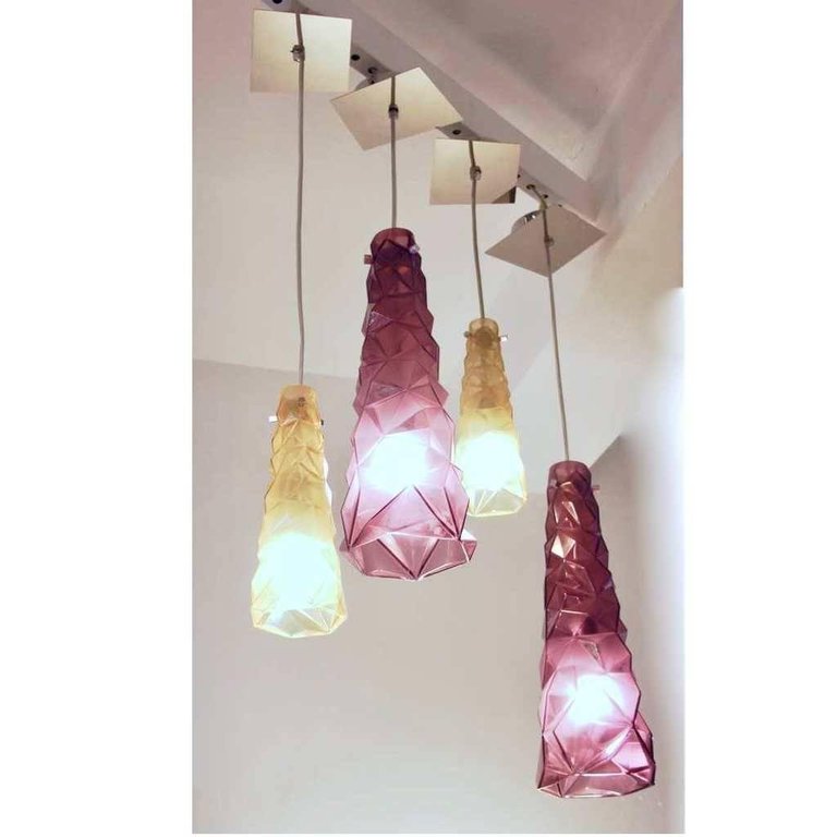 Contemporary Four Italian Diamond-Cut Purple and Yellow Murano Glass Pendants - Cosulich Interiors & Antiques