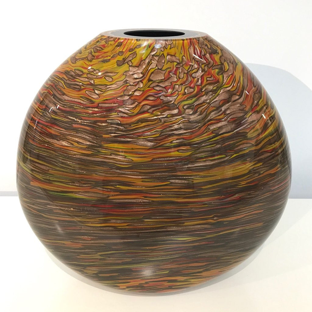 Formia 1980s Modern Set of Three Brown Yellow Red Orange Gold Murano Glass Vases - Cosulich Interiors & Antiques