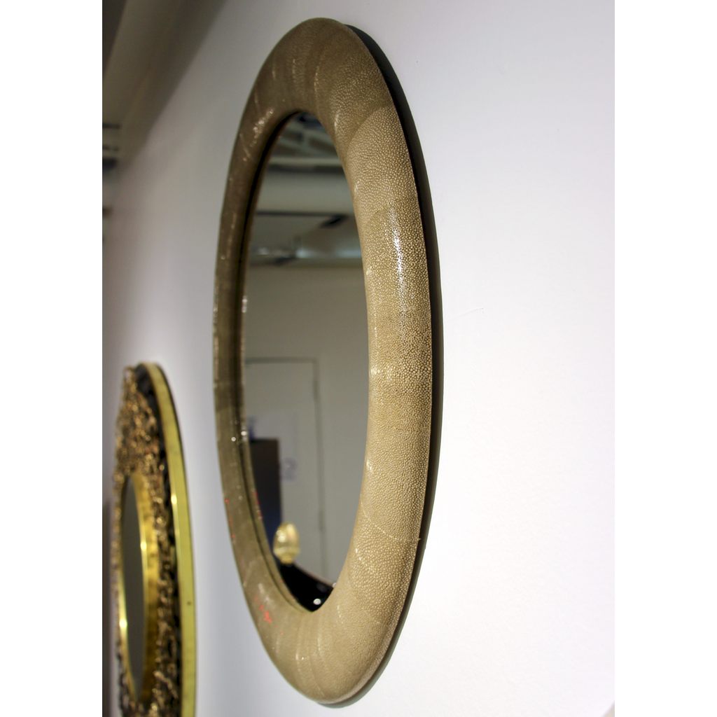 Italian Contemporary Round Mirror in Light Taupe Gray Shagreen - Cosulich Interiors & Antiques