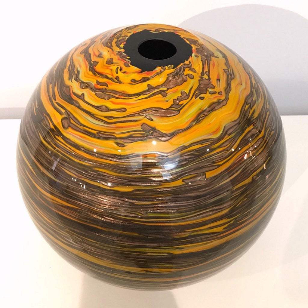 Formia 1980s Modern Set of Three Brown Yellow Red Orange Gold Murano Glass Vases - Cosulich Interiors & Antiques