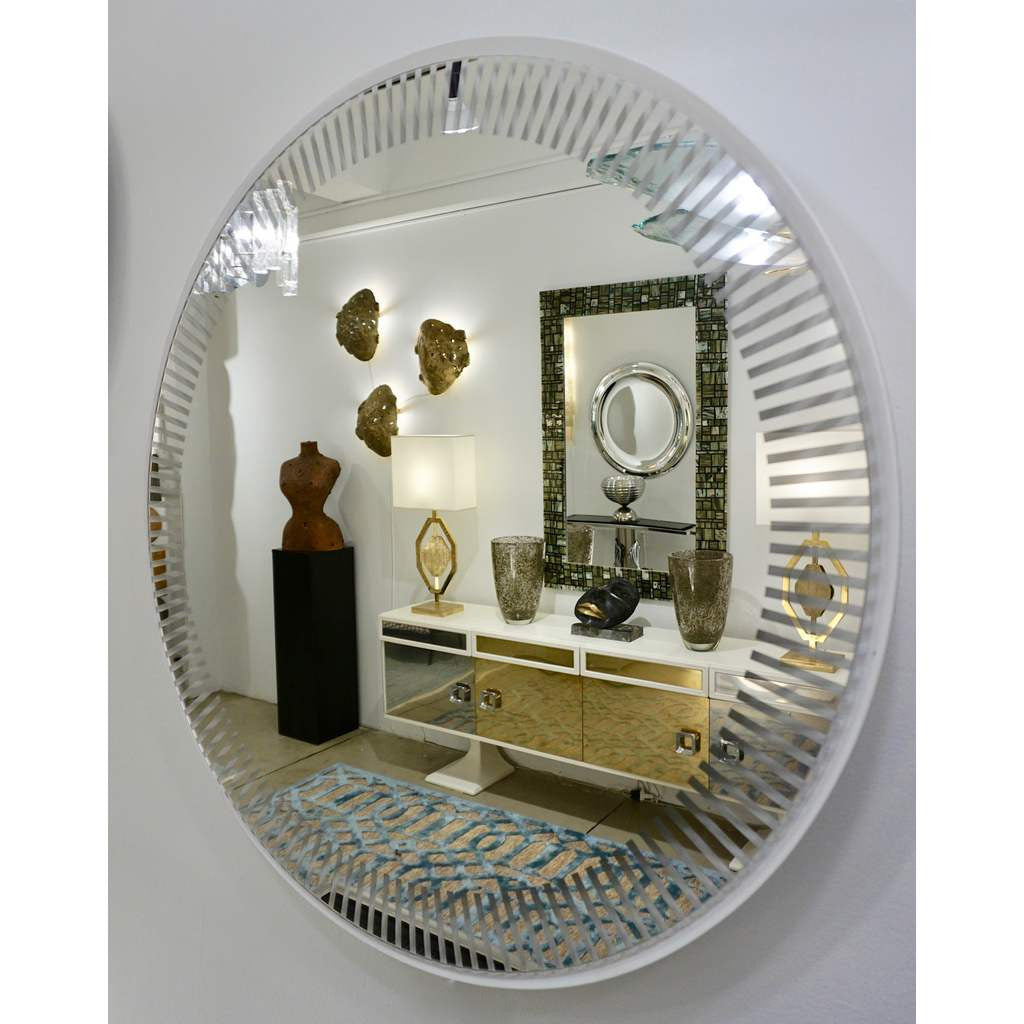 Contemporary Italian Organic Modern Round Lit Mirror with White Sunburst Decor - Cosulich Interiors & Antiques