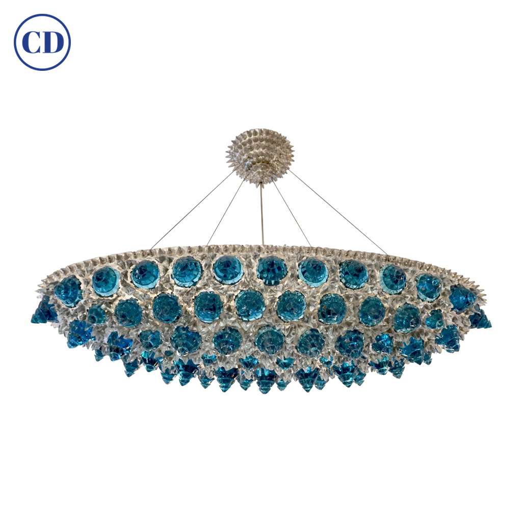 Contemporary Italian Turquoise Blue & Clear Glass Oval Silver Flush/Chandelier - Cosulich Interiors & Antiques