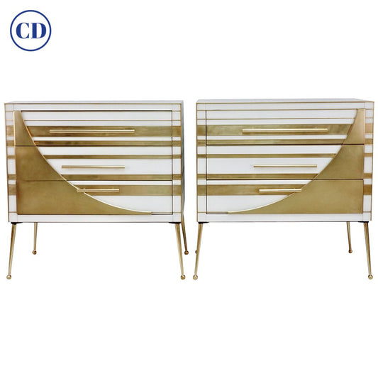 Contemporary Italian Pair of Gold Brass and White Glass Chests / Side Tables - Cosulich Interiors & Antiques