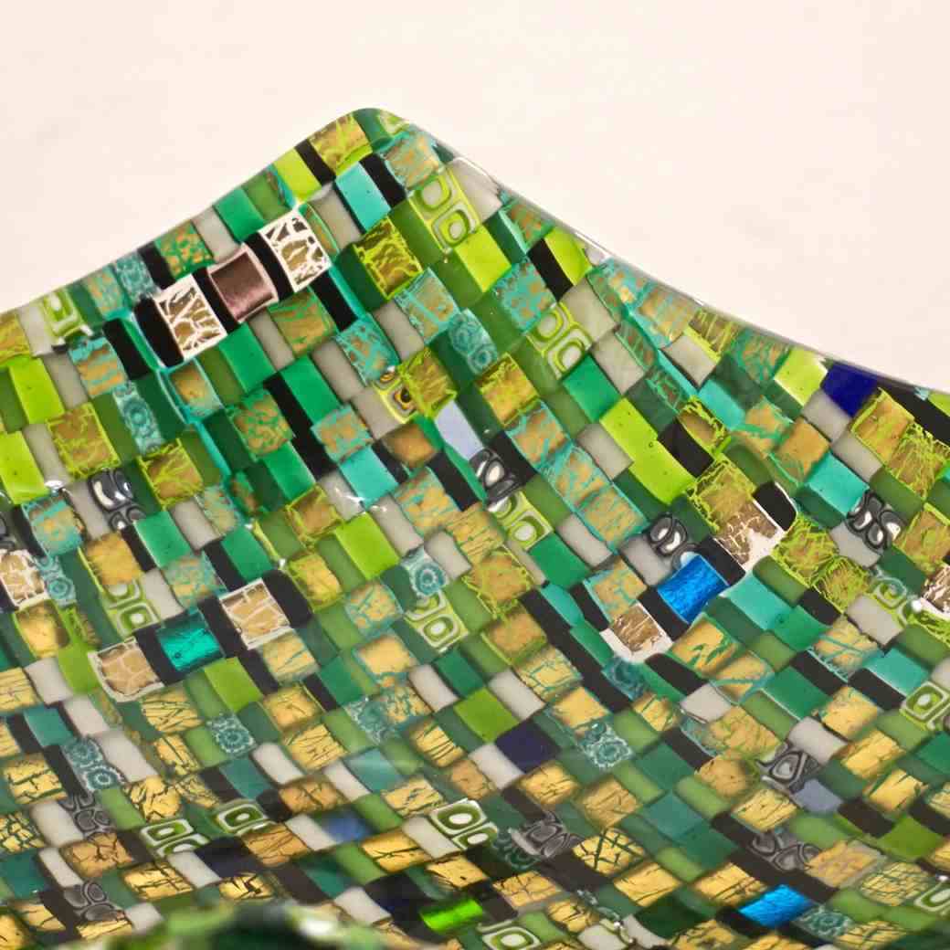 Modern Italian Jewel-Like Green Yellow & 24Kt Gold Murano Art Glass Mosaic Bowl - Cosulich Interiors & Antiques