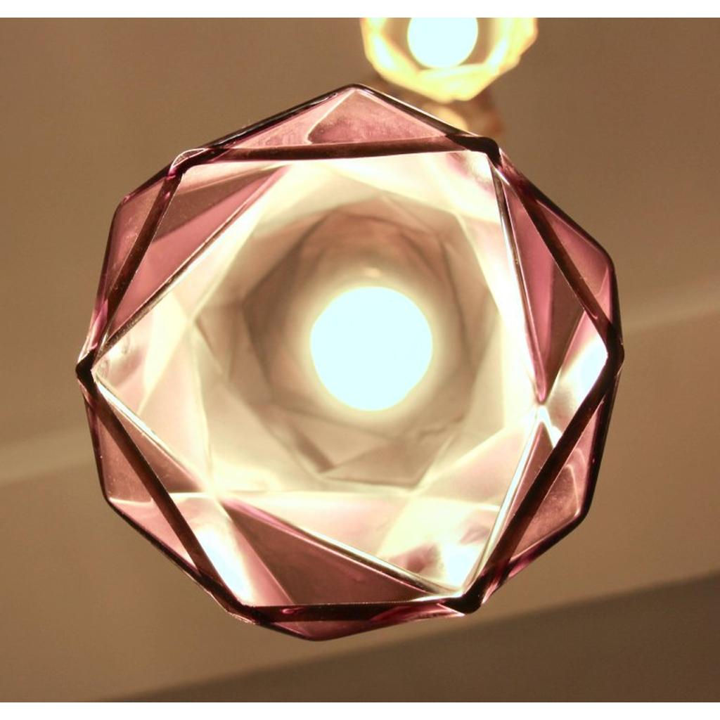 Contemporary Four Italian Diamond-Cut Purple and Yellow Murano Glass Pendants - Cosulich Interiors & Antiques