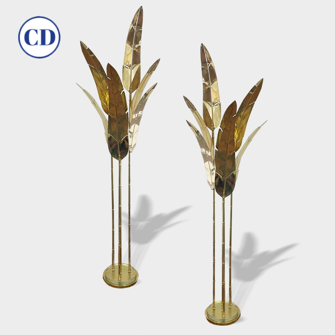 Contemporary Italian Art Deco Design Palm Tree Pair of 7-Leaf Brass Floor Lamps