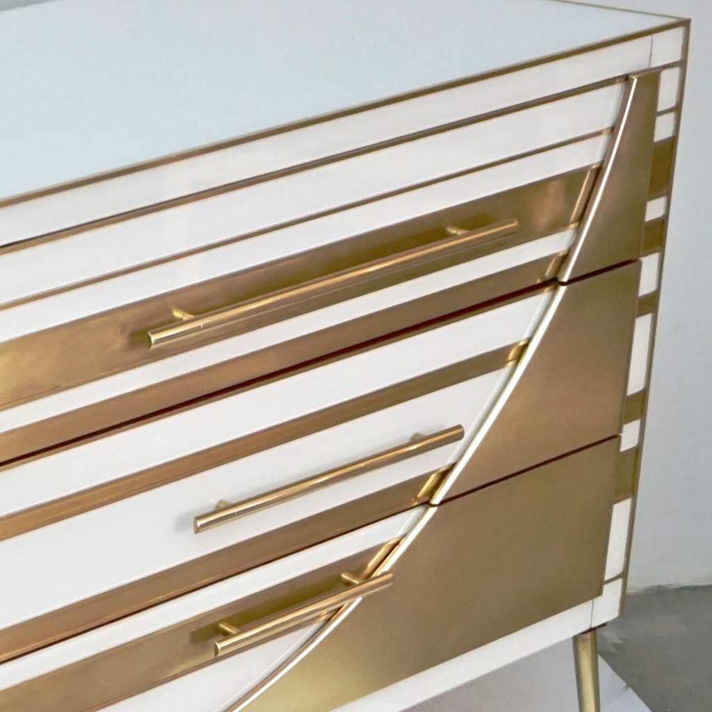 Contemporary Italian Pair of Gold Brass and White Glass Chests / Side Tables - Cosulich Interiors & Antiques