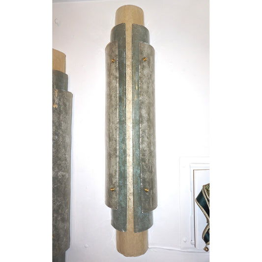 1990s Italian Tall Wall Light in White Blue Grey Frosted Murano Glass
