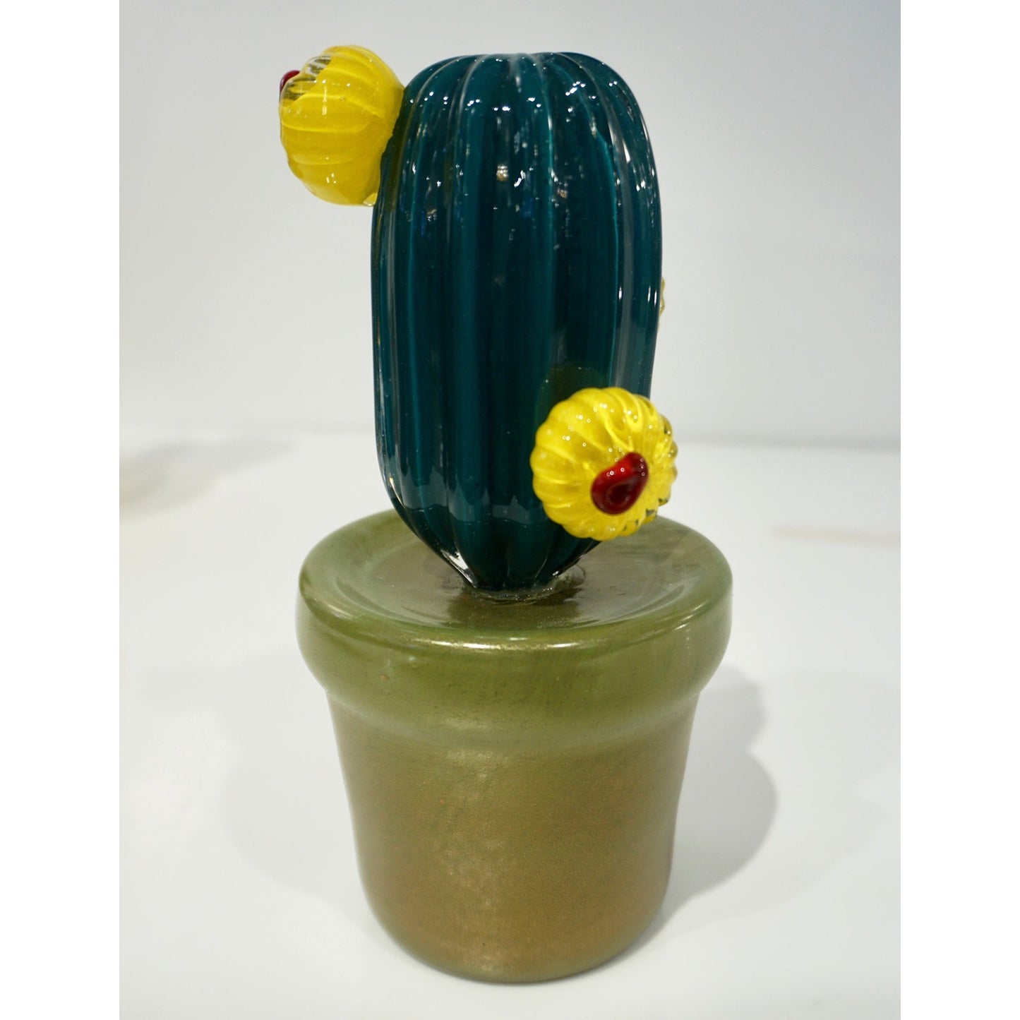 2000s Italian Teal Gold Green Murano Art Glass Cactus Plant with Yellow Flowers