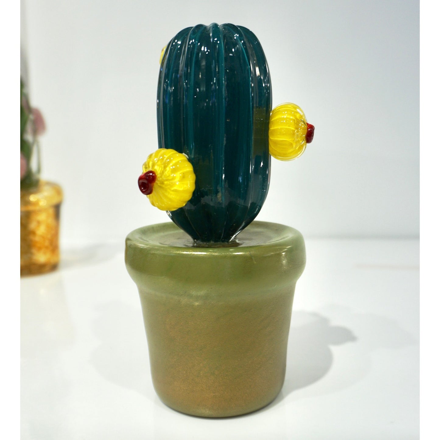 2000s Italian Teal Gold Green Murano Art Glass Cactus Plant with Yellow Flowers