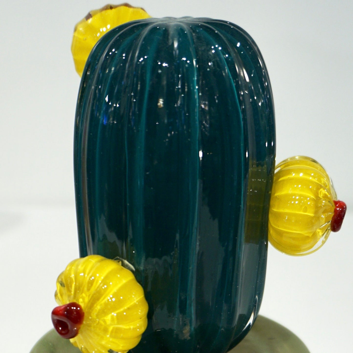 2000s Italian Teal Gold Green Murano Art Glass Cactus Plant with Yellow Flowers