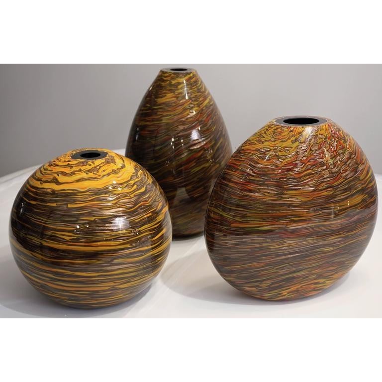 Formia 1980s Three Brown Yellow Red Orange Gold Murano Glass Modern Vases