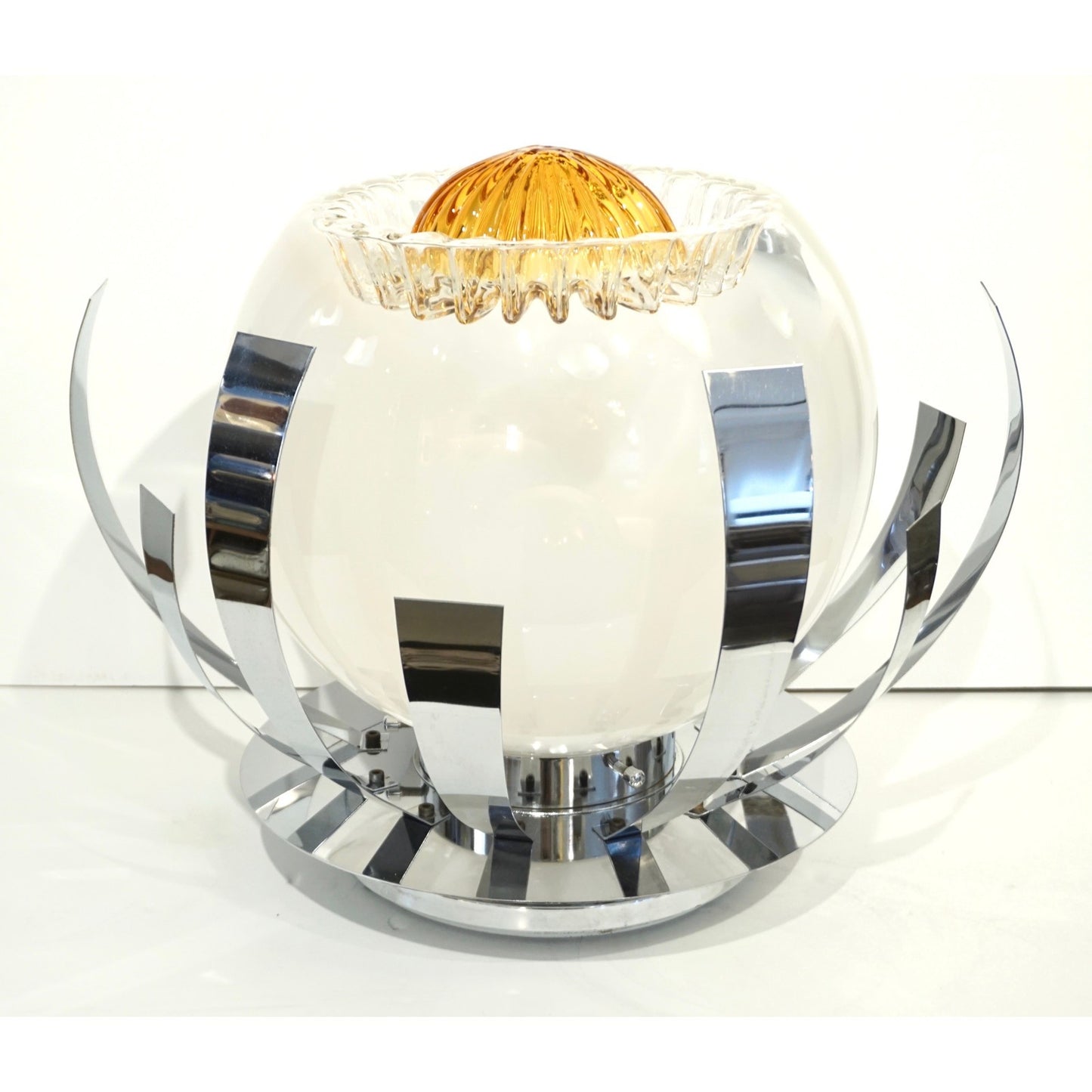 Mazzega 1960s Nickel White & Amber Murano Art Glass Flower Desk / Table Lamp
