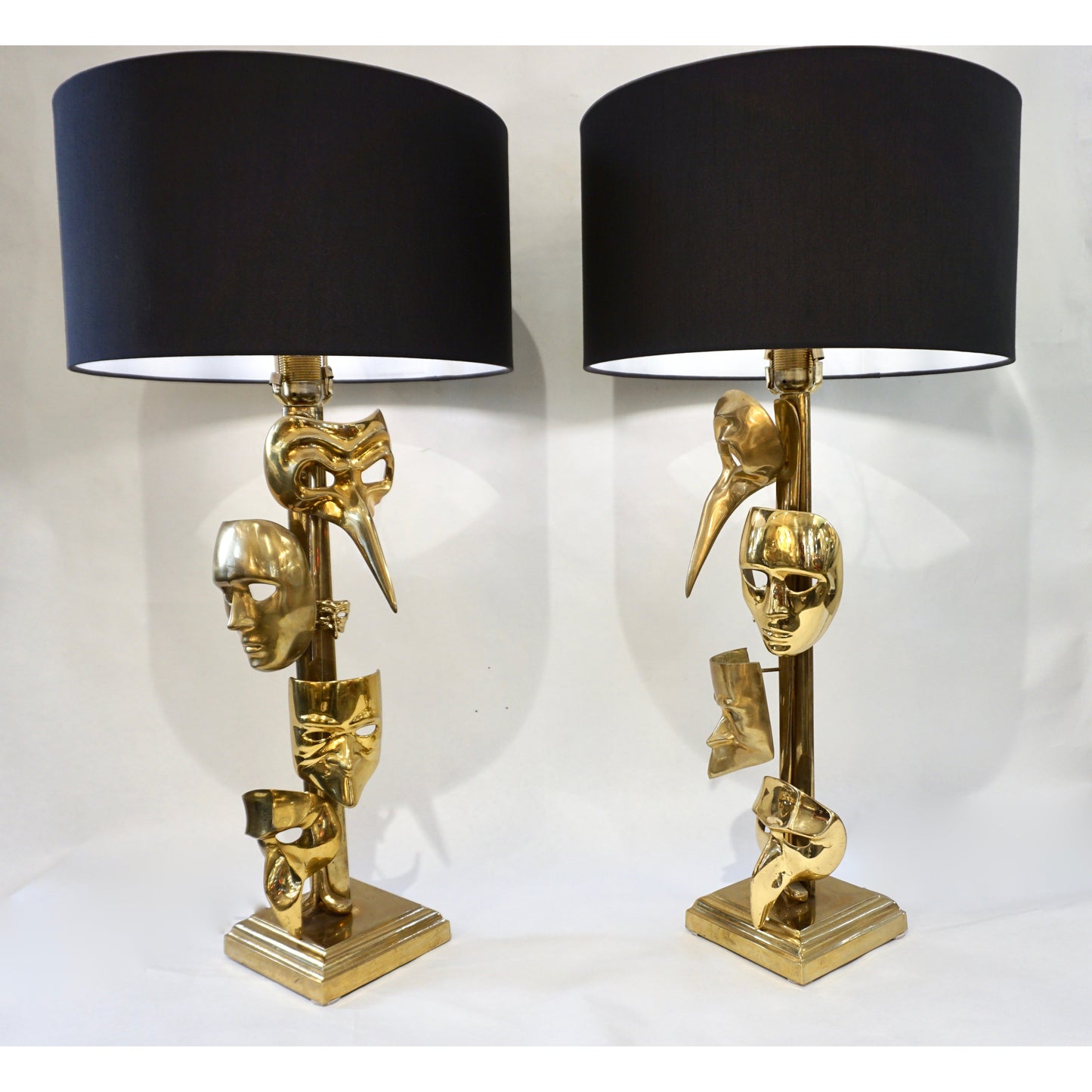 One of a Kind Italian Pair Deco Modern Art Lamps with Cast Brass Carnival Masks