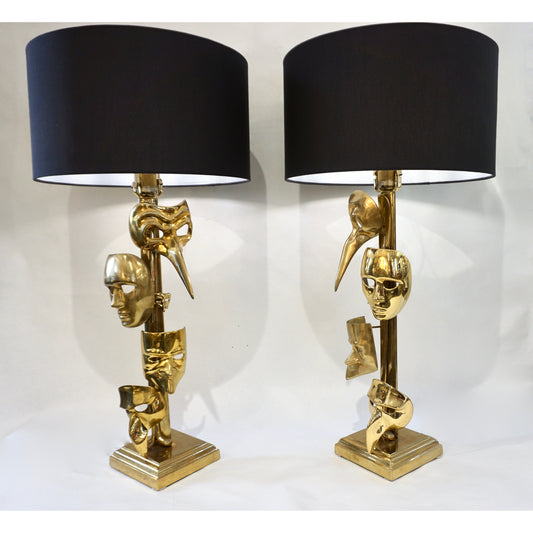 One of a Kind Italian Pair Deco Modern Art Lamps with Cast Brass Carnival Masks