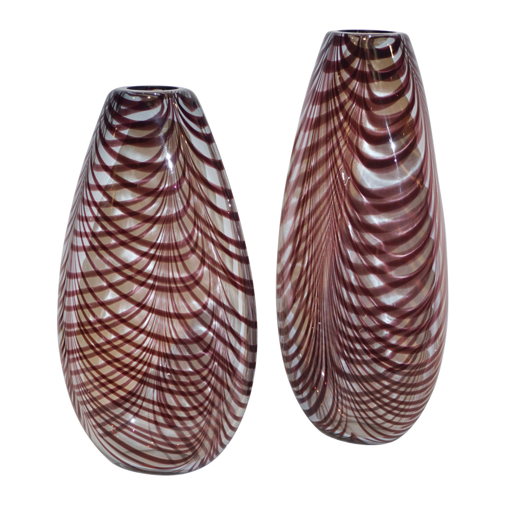 Formia 1970s Two Fenicio Feather Decorated Purple Brown Murano Art Glass Vases - Cosulich Interiors & Antiques