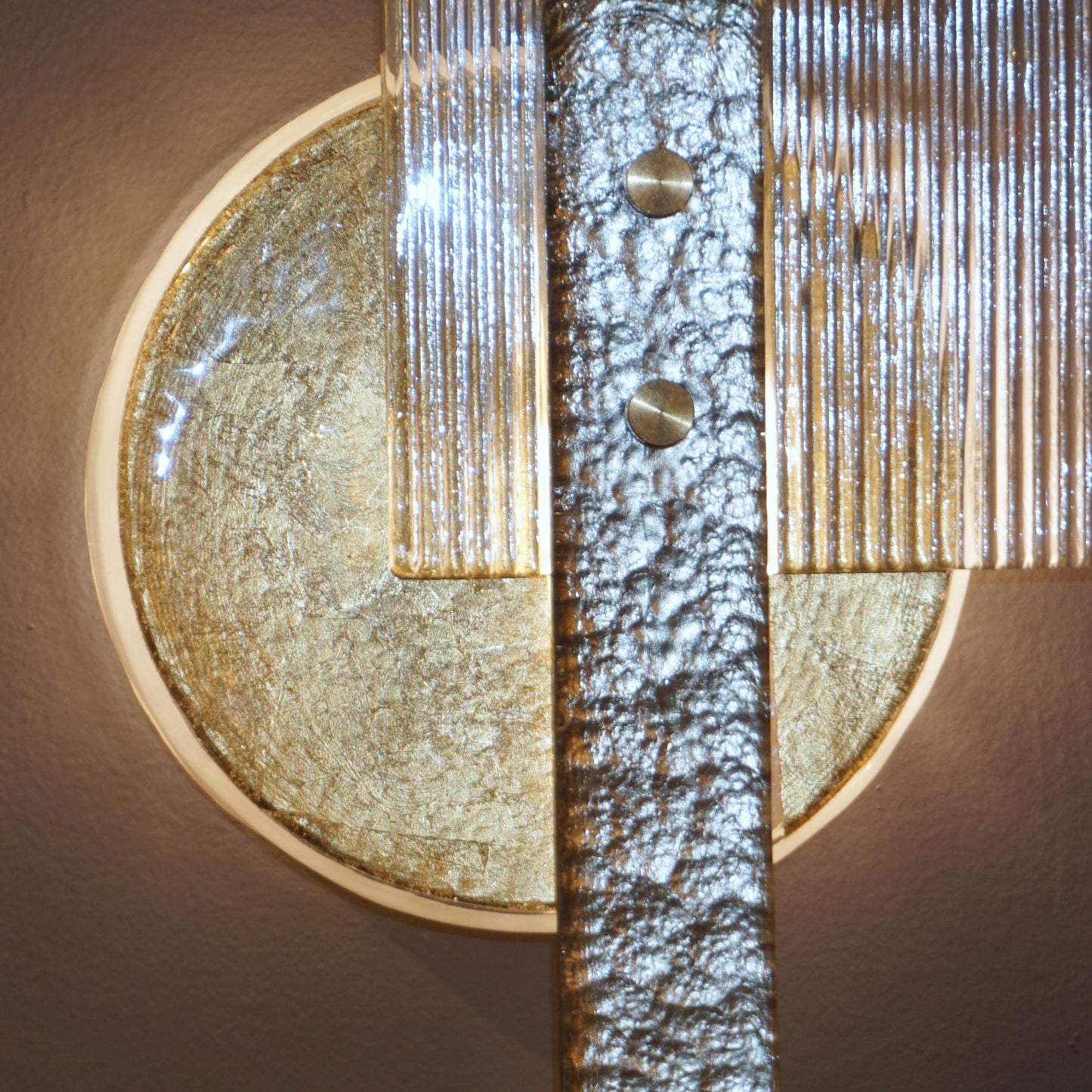 Italian Pair of Abstract Modern Gold Silver and Crystal Murano Glass Sconces
