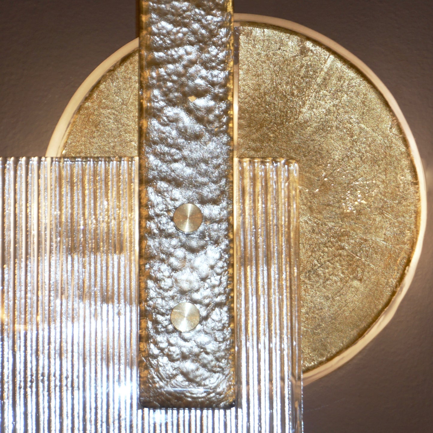 Italian Pair of Abstract Modern Gold Silver and Crystal Murano Glass Sconces