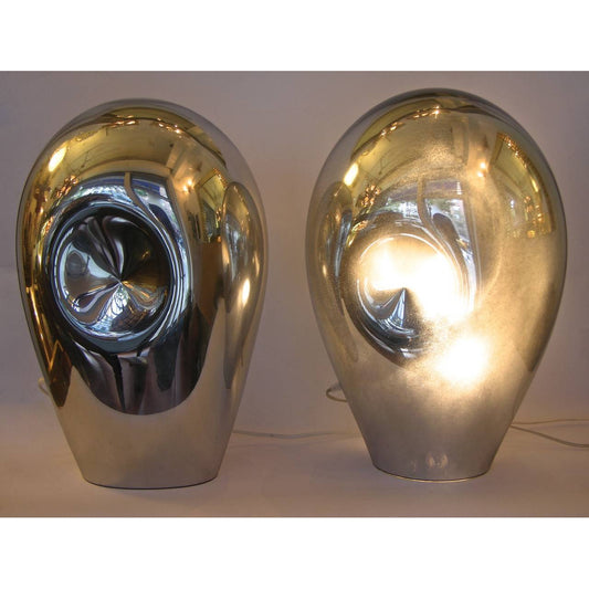 1970s V. Nason Abstract Pair of Vintage Silver Mirrored Glass Table Lamps