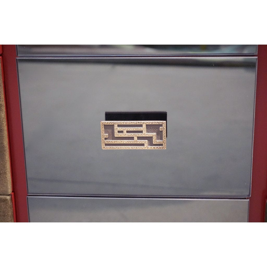 1970 Italian Green Leather Burgundy Lacquer Dresser with Mirror & Bronze Accents - Cosulich Interiors & Antiques