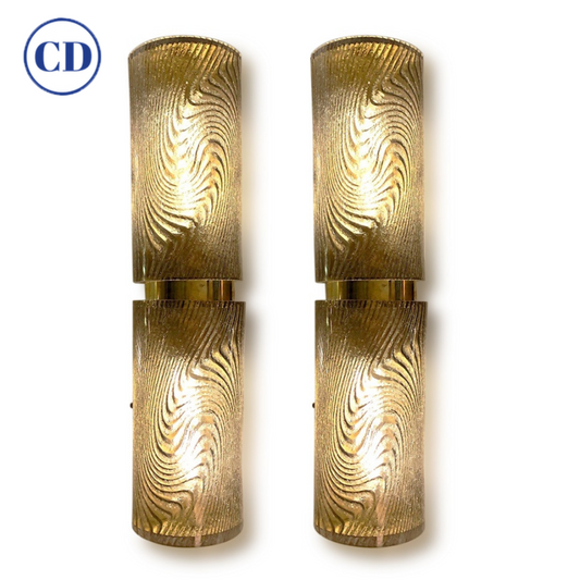 Modern Italian Pair of Smoked Frosted Murano Glass & Brass Wall / Ceiling Lights