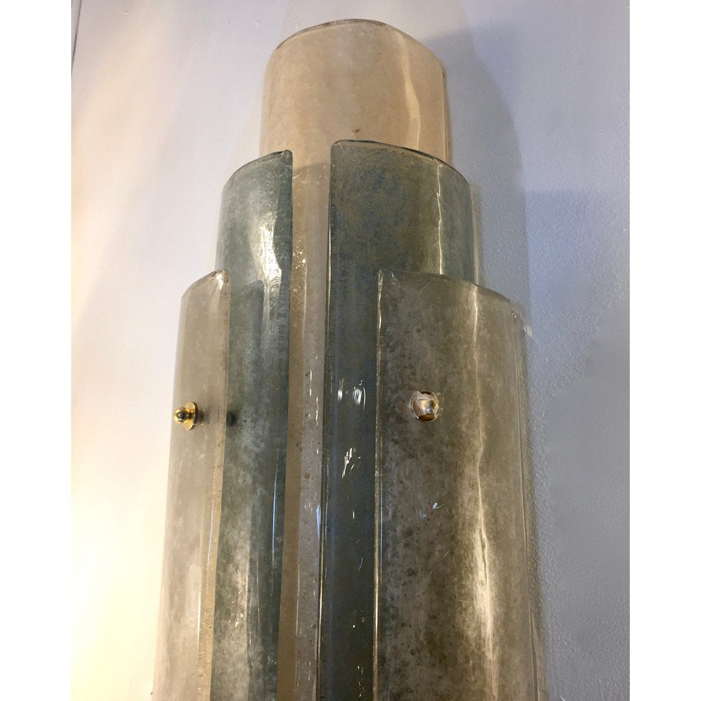 1990s Italian Pair of Tall Wall Lights in White Blue Grey Frosted Murano Glass - Cosulich Interiors & Antiques