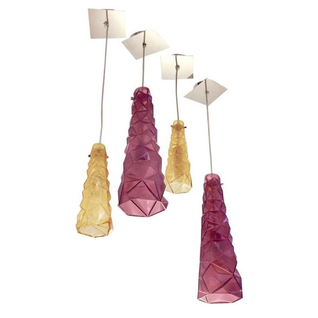 Contemporary Four Italian Diamond-Cut Purple and Yellow Murano Glass Pendants - Cosulich Interiors & Antiques