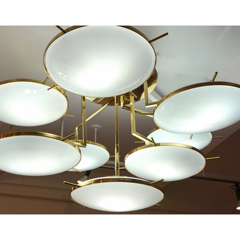 Italian Contemporary Multi Level Brass and White Murano Glass Disk Chandelier - Cosulich Interiors & Antiques