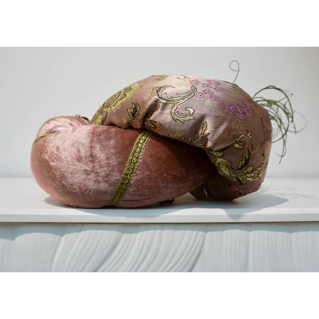 Venetian Handmade Pink Rose Fabric Turban Mask with Handle and Feathers - Cosulich Interiors & Antiques