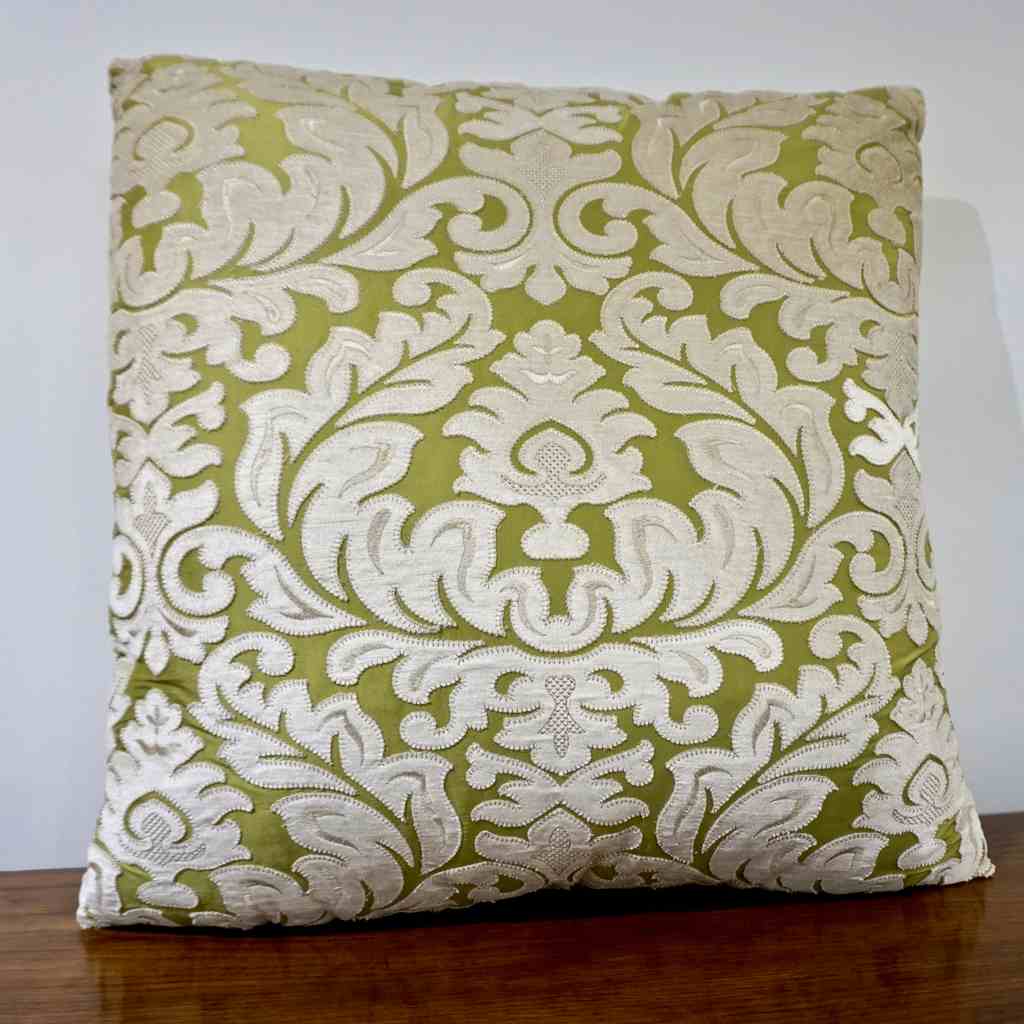 Contemporary French Green and Ivory White Damask Velvet Throw Pillows - Cosulich Interiors & Antiques