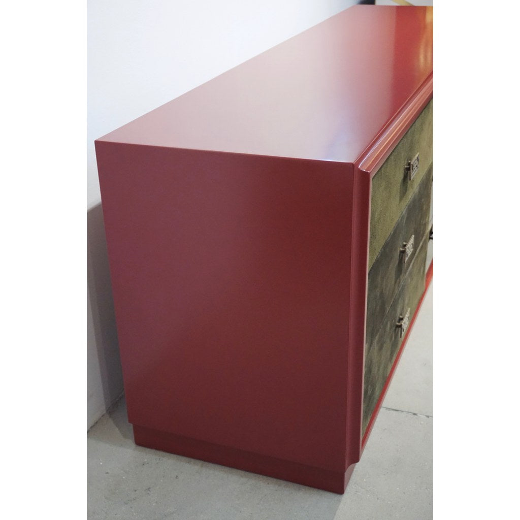 1970 Italian Green Leather Burgundy Lacquer Dresser with Mirror & Bronze Accents - Cosulich Interiors & Antiques