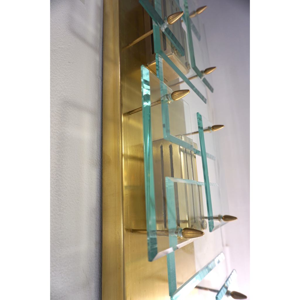 1980s Italian Pair of Modern Gold Brass Monumental Sconces with Aqua Tint Glass - Cosulich Interiors & Antiques