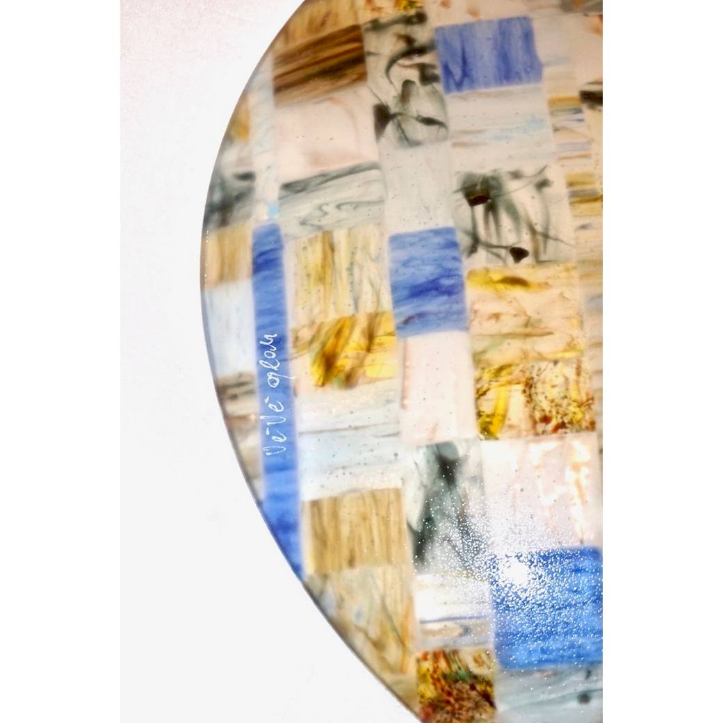 Contemporary Italian Blue Pink Yellow Copper Murano Art Glass Mosaic Centerpiece - Cosulich Interiors & Antiques