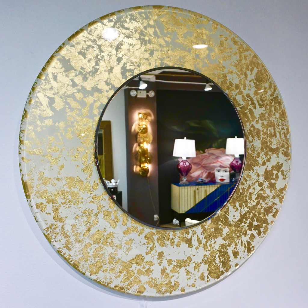 Contemporary Italian Organic Modern Ivory White and Gold Leaf Round Lit Mirror - Cosulich Interiors & Antiques