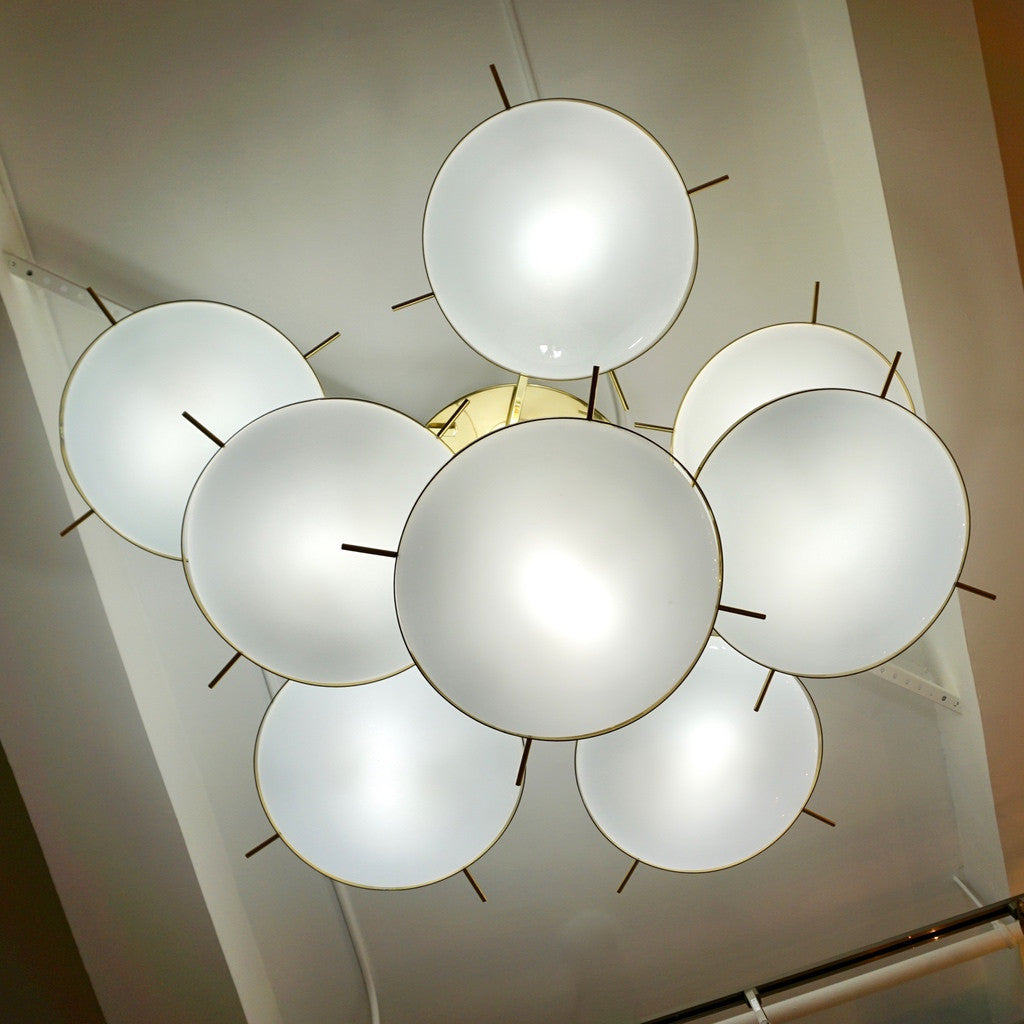 Italian Contemporary Multi Level Brass and White Murano Glass Disk Chandelier - Cosulich Interiors & Antiques