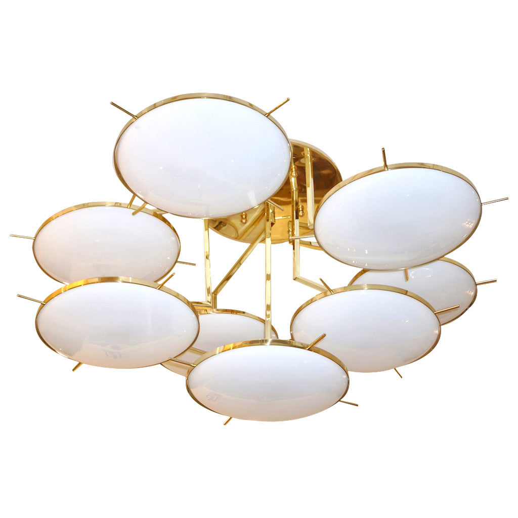 Italian Contemporary Multi Level Brass and White Murano Glass Disk Chandelier - Cosulich Interiors & Antiques