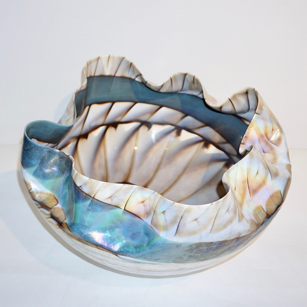 Huge Pair of Blue and Mother-of-Pearl White Murano Glass Iridescent Bowls - Cosulich Interiors & Antiques