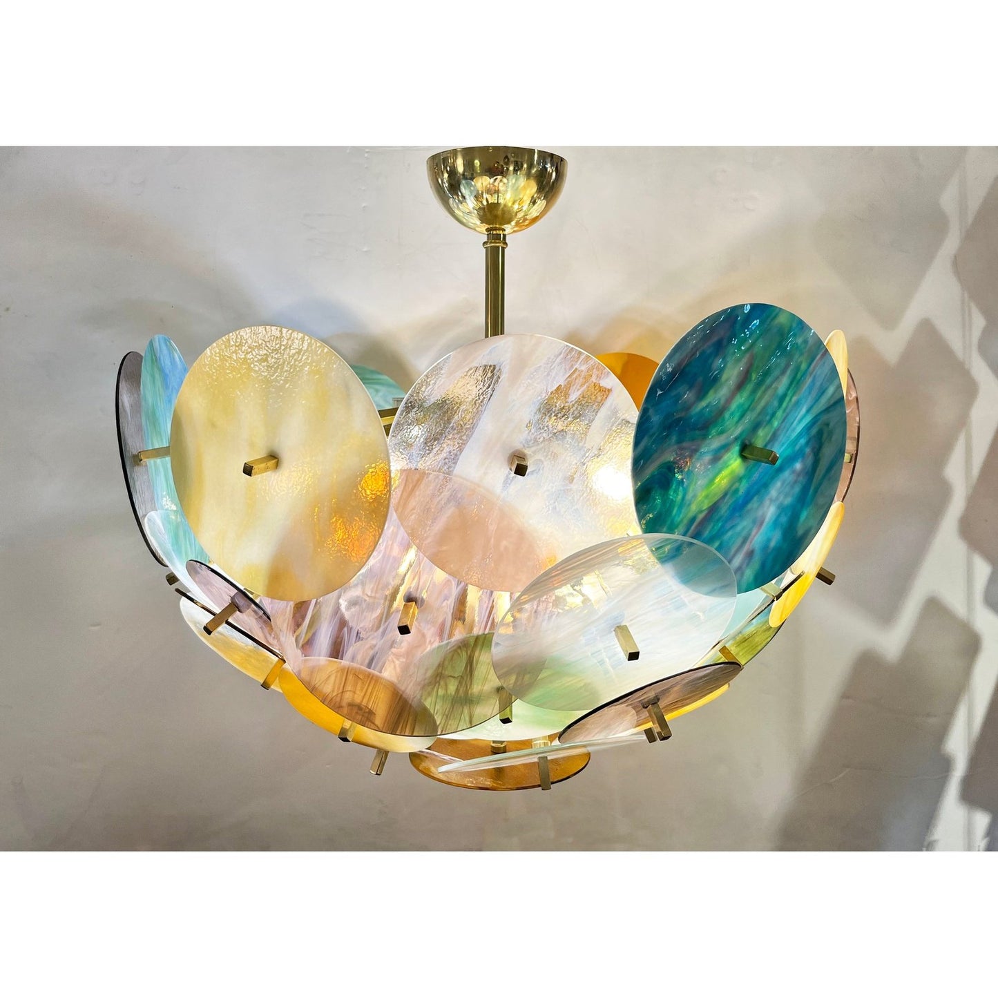 Italian Yellow White Pink Aqua Blue Pastel Murano Glass Brass Sputnik Chandelier