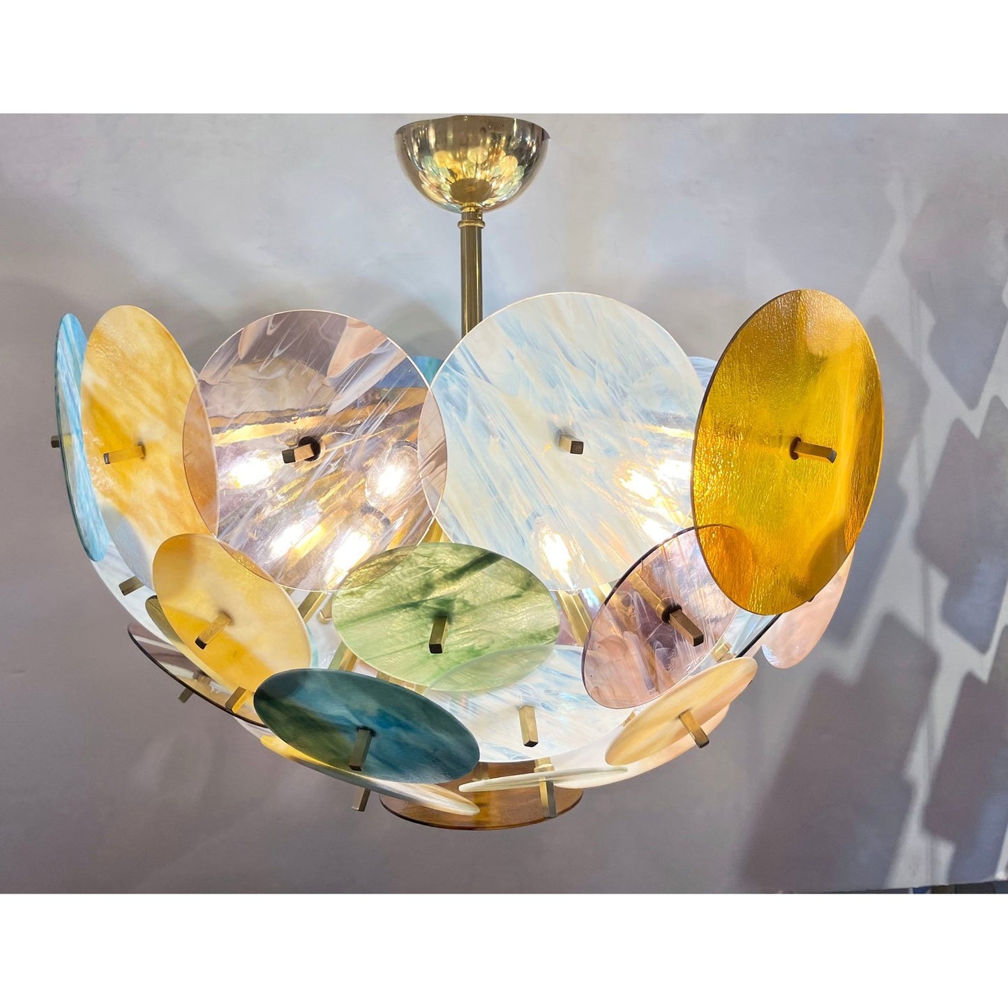 Italian Yellow White Pink Aqua Blue Pastel Murano Glass Brass Sputnik Chandelier