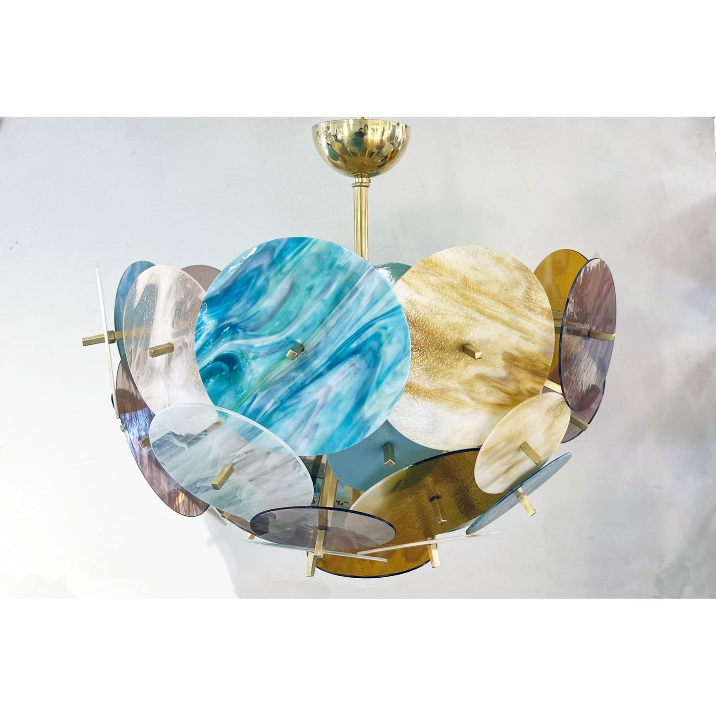 Italian Yellow White Pink Aqua Blue Pastel Murano Glass Brass Sputnik Chandelier