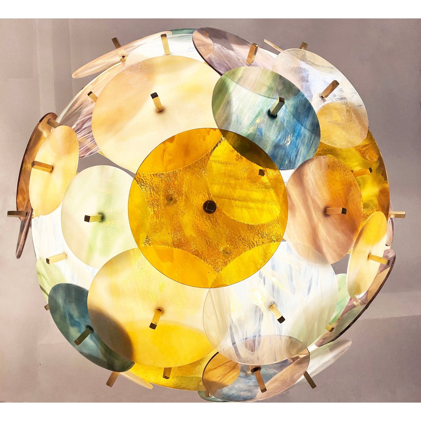 Italian Yellow White Pink Aqua Blue Pastel Murano Glass Brass Sputnik Chandelier