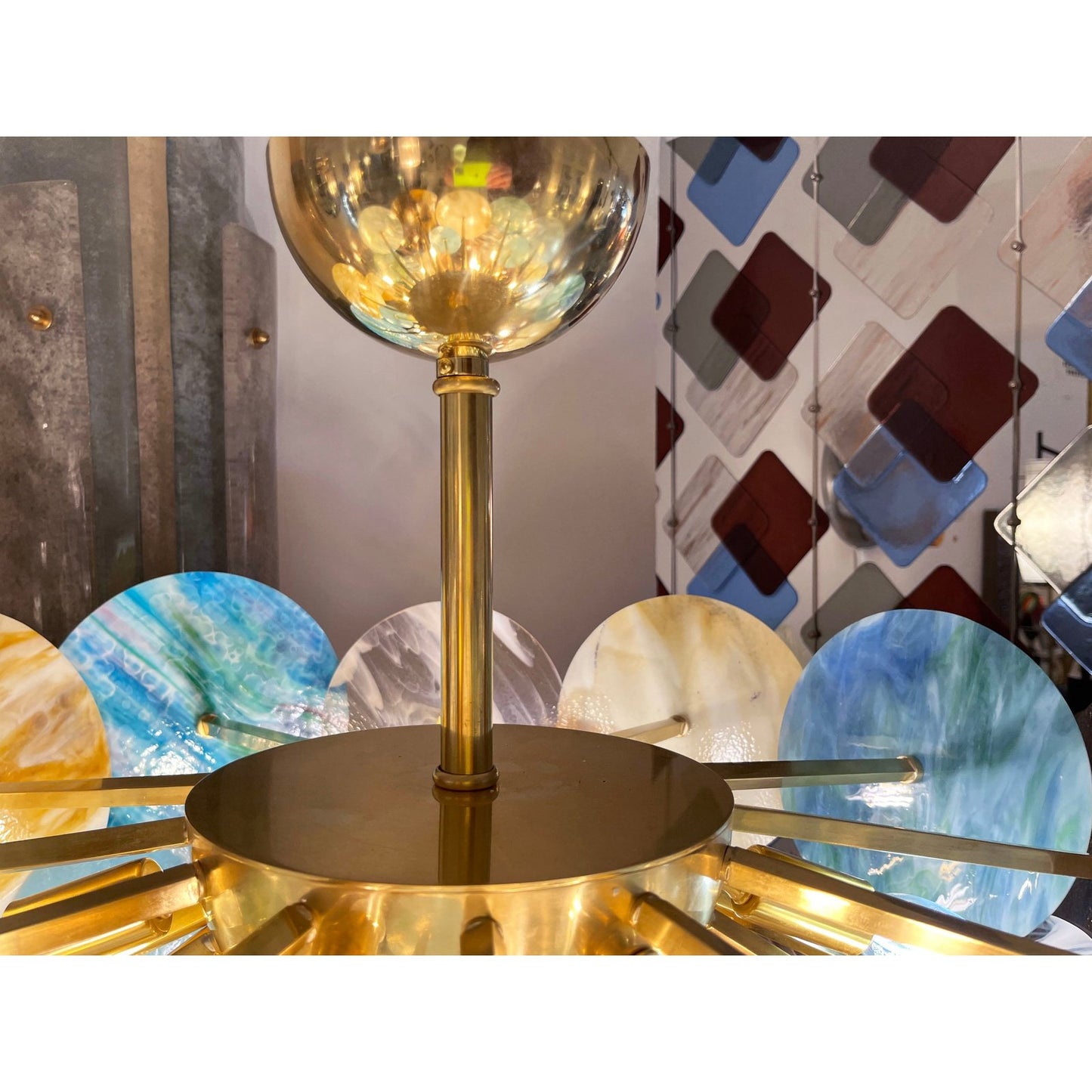 Italian Yellow White Pink Aqua Blue Pastel Murano Glass Brass Sputnik Chandelier