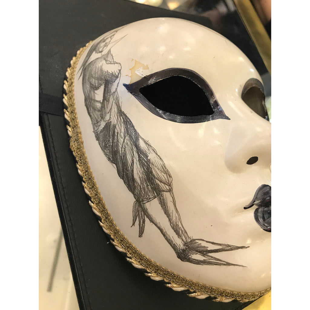 1990s Venetian Handmade White Carnival Mask with Pencil Drawing