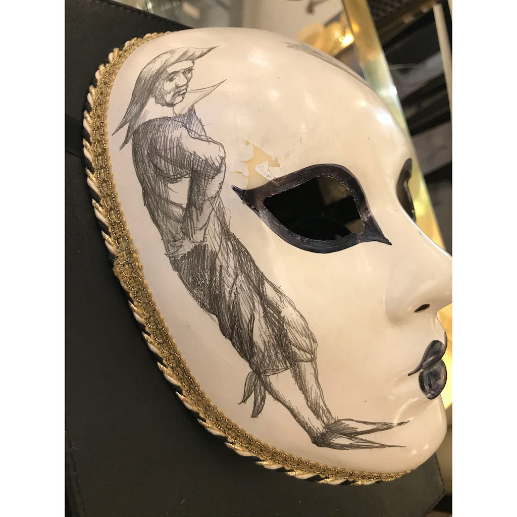 1990s Venetian Handmade White Carnival Mask with Pencil Drawing