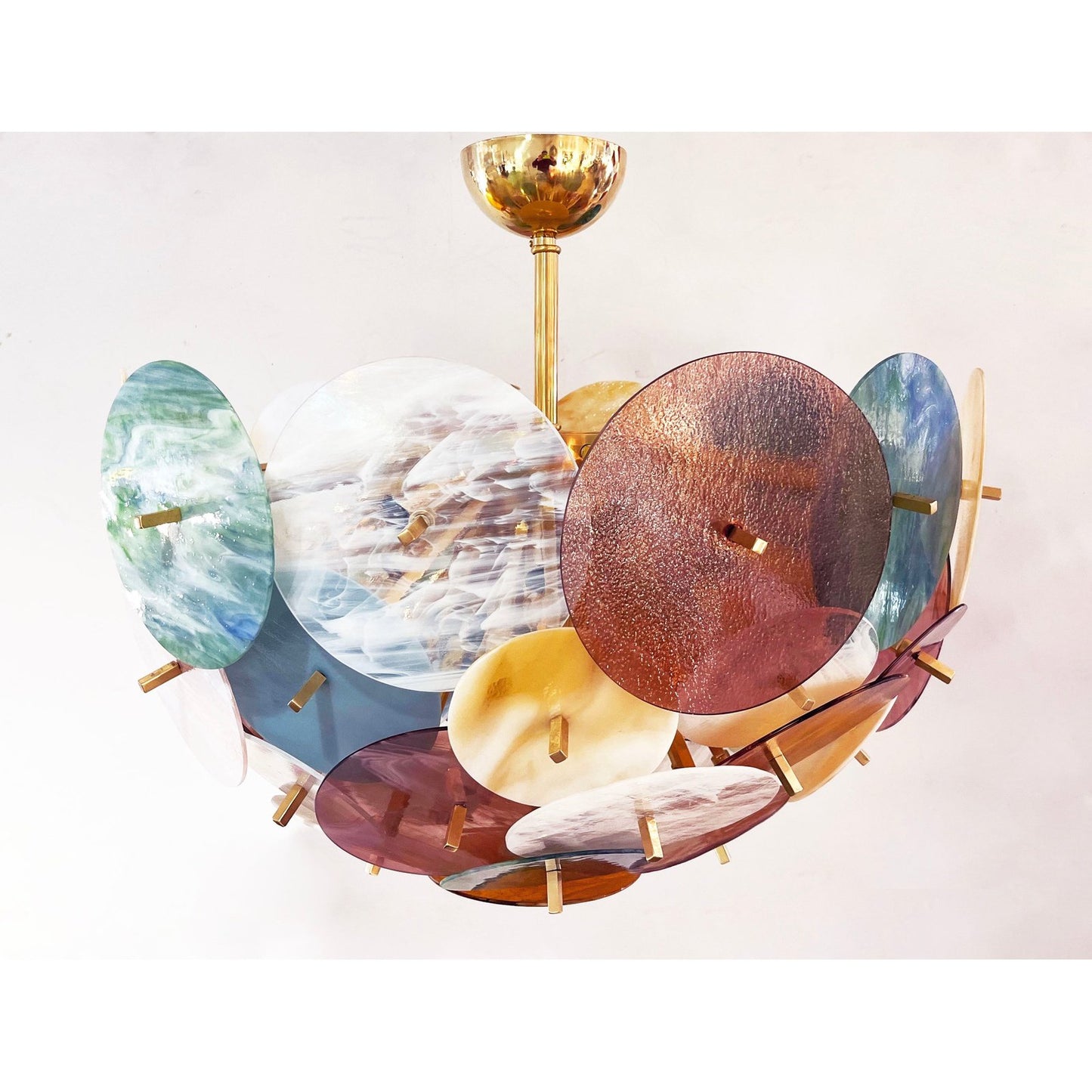 Italian Yellow White Pink Aqua Blue Pastel Murano Glass Brass Sputnik Chandelier